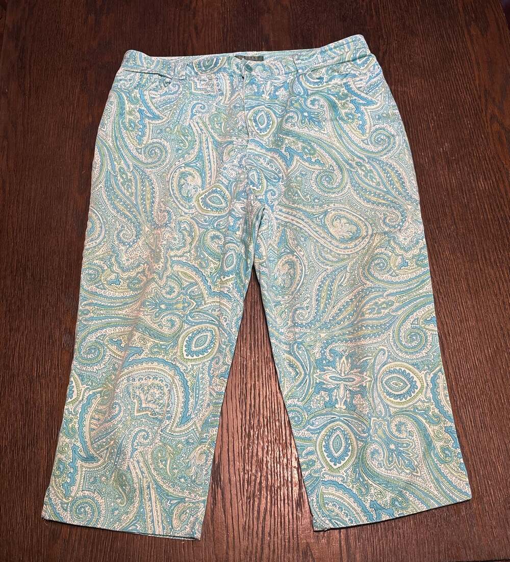 Lauren Ralph Lauren Women's Blue and Green Paisley Print Cropped Capri Pants Siz